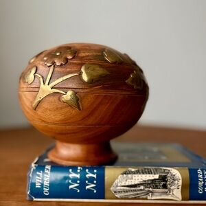 Wooden Oval Vase with Brass Copper Floral Accents